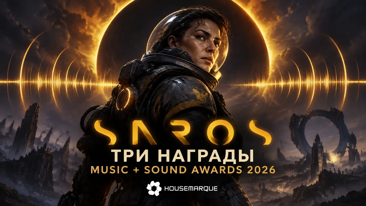 Героиня Saros в скафандре на фоне мрачного затмения и звуковых волн, логотип Saros от Housemarque