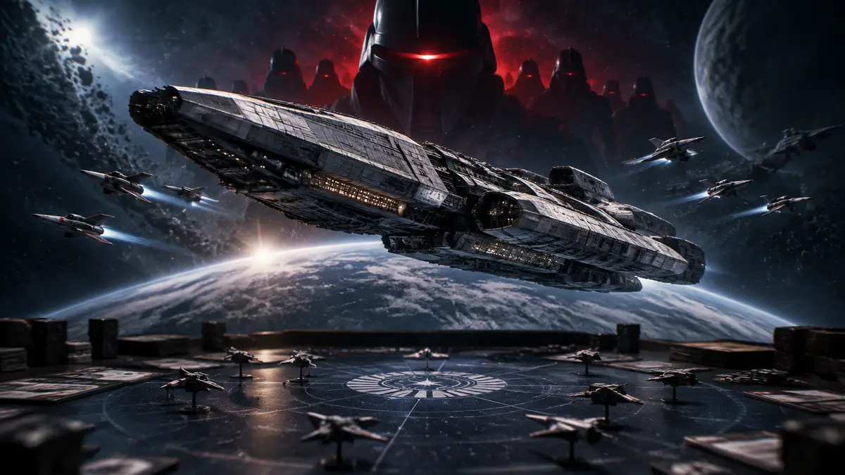 Крейсер «Галактика» в космосе над игровым столом, логотип Battlestar Galactica и силуэт сайлона