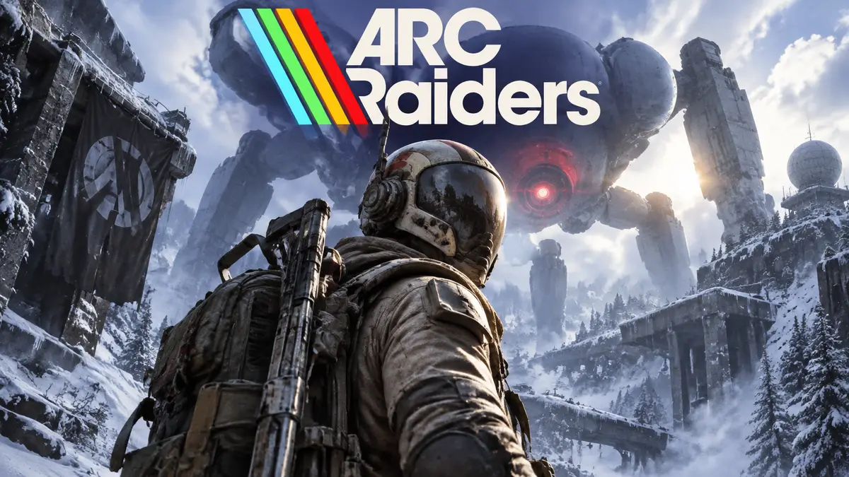 Рейдер ARC Raiders в броне на фоне заснеженных руин и гигантского робота ARC, логотип игры сверху