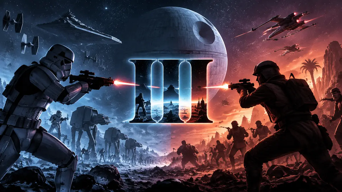 Штурмовик и повстанец сходятся в бою на фоне звёздного неба, логотип Star Wars Battlefront 3 в центре