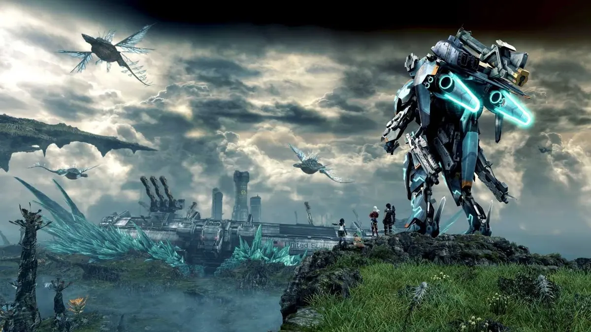 Xenoblade Chronicles X Definitive Edition promotional image showing a mecha standing on a mountaintop looking at New LA