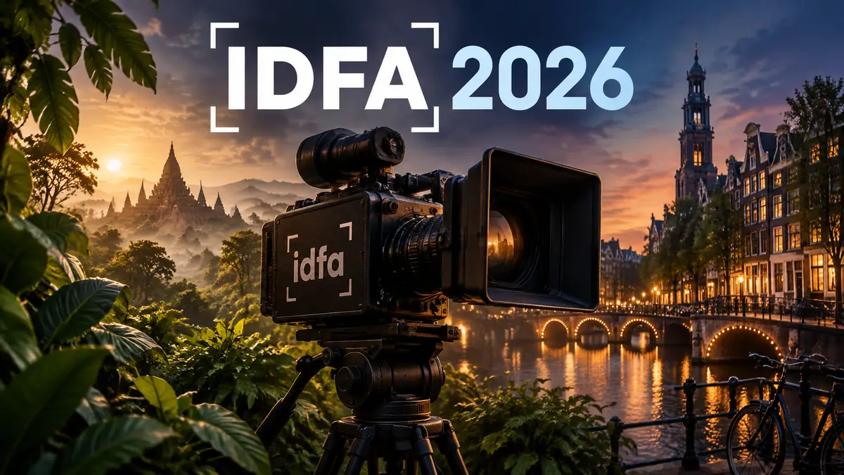 Афиша фестиваля документального кино IDFA 2026: кинокамера на фоне джунглей и огней Амстердама