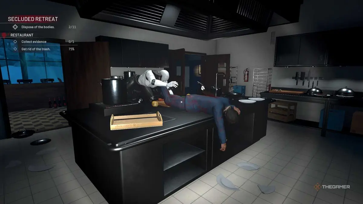 Crime Scene Cleaner robot on a dead body in a kitchen.