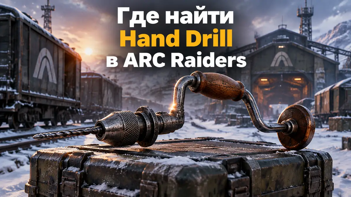 Ручная дрель Hand Drill на фоне заснеженного железнодорожного депо и вагонов в стиле ARC Raiders