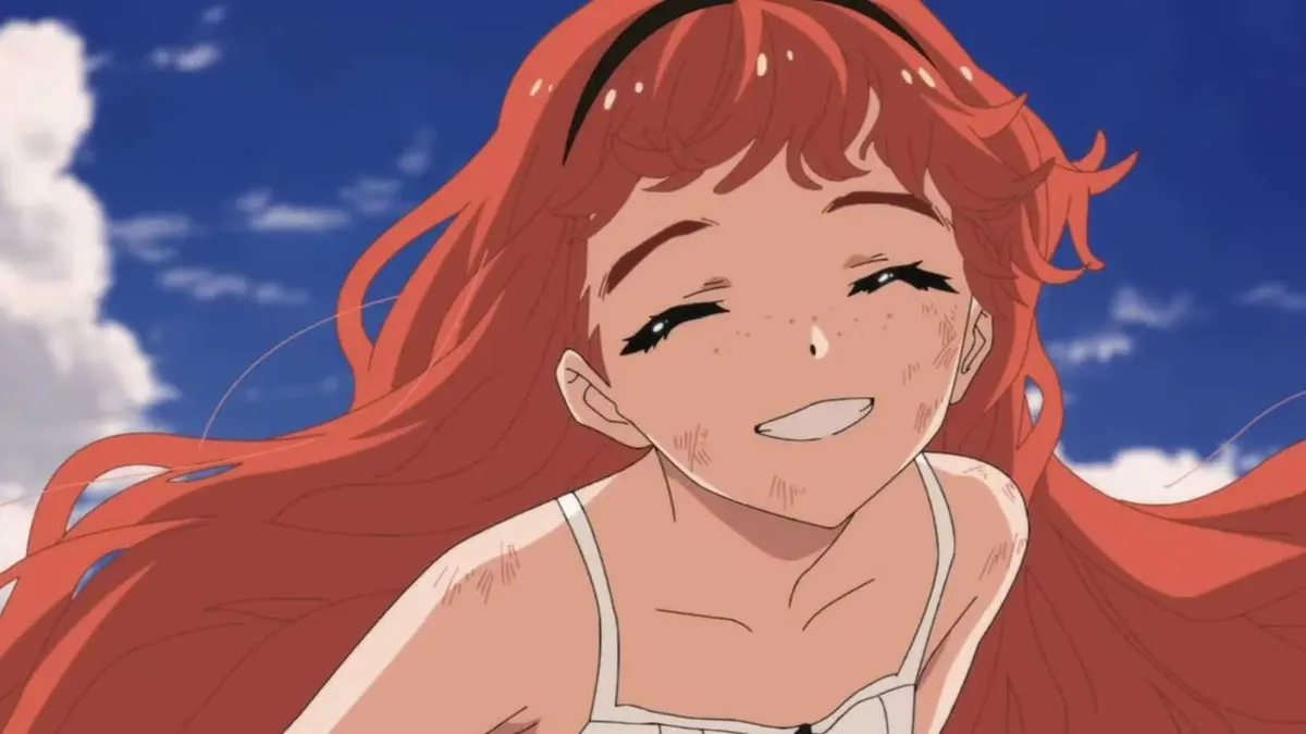Frill smiles while frolicking by the sea in Wonder Egg Priority.