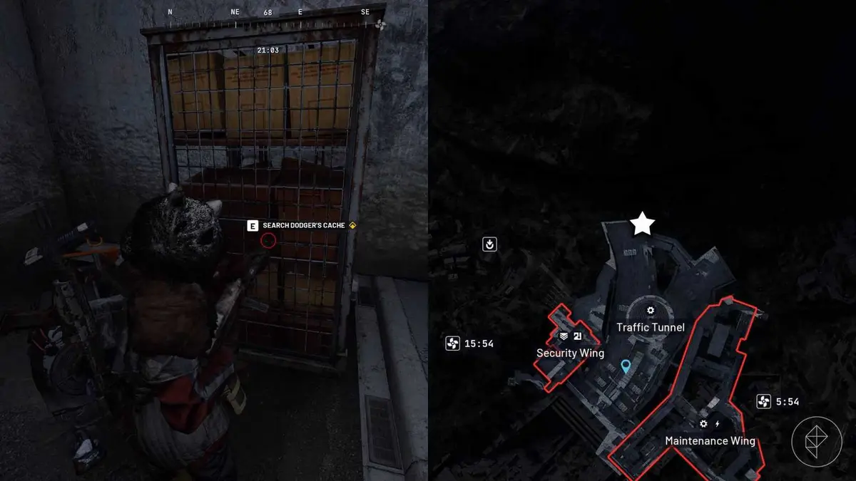 The left-hand side of the image shows the player in Arc Raiders in front of Dodger's stash while the right-hand side of the image shows the location marked on the in-game map with a star icon.