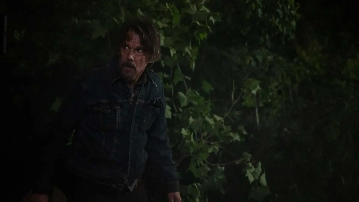Ethan Hawke as Lee Raybon hiding at night in the bushes in The Lowdown Season 2