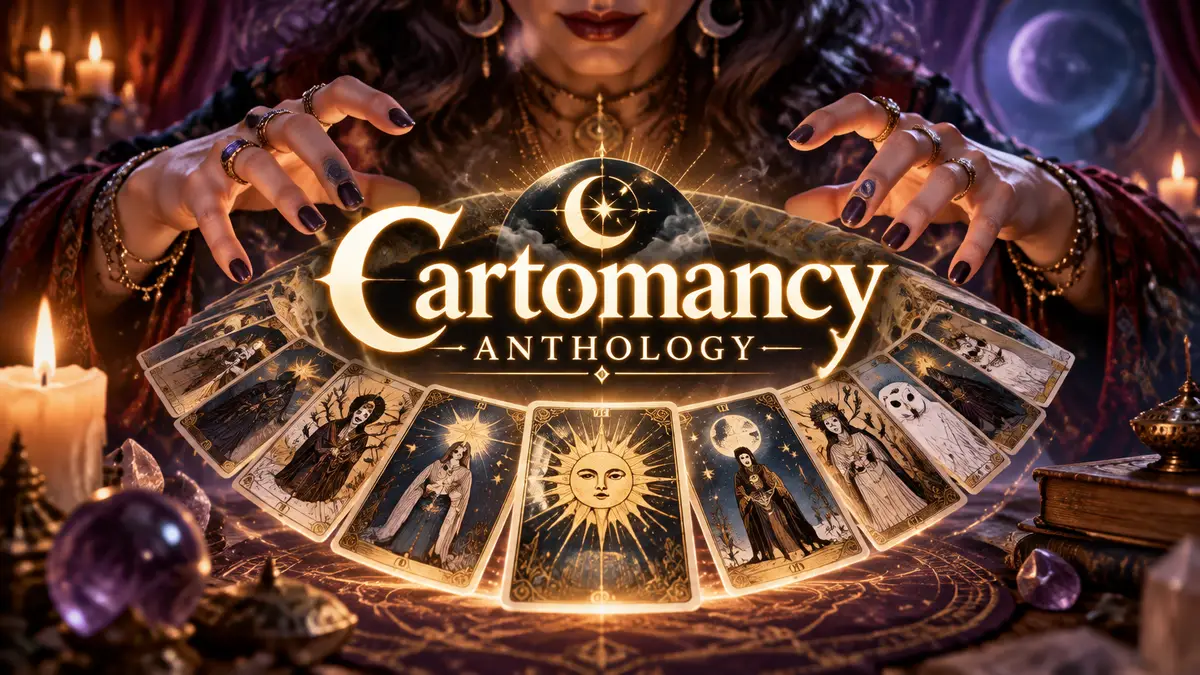 Веер мистических карт таро над столом гадалки, в центре светится логотип Cartomancy Anthology