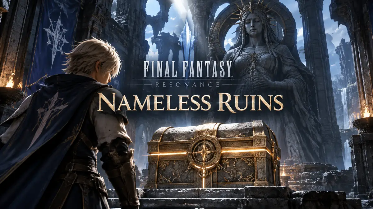 Запечатанный сундук и каменная статуя в руинах Nameless Ruins игры Final Fantasy Resonance