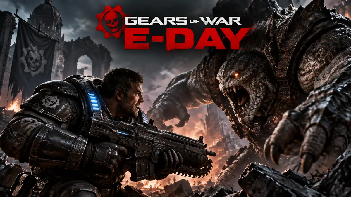 Солдат COG сражается с гигантской саранчой в мрачных руинах, логотип Gears of War: E-Day сверху