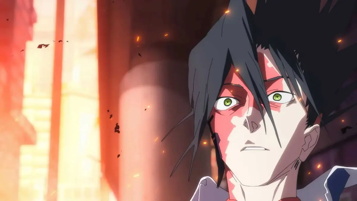 D appears with a red mark on his face and with burnt embers around him in Cyberpunk Edgerunners 2