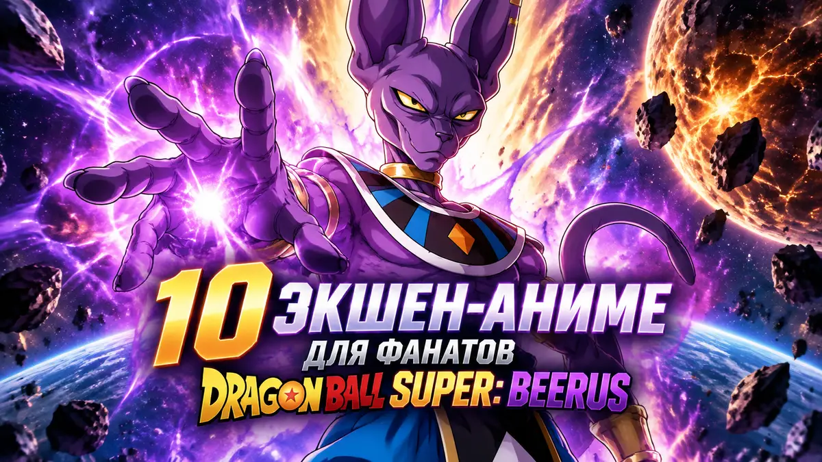 Бирус из Dragon Ball Super: Beerus в центре постера аниме на фоне взрывов энергии и космоса