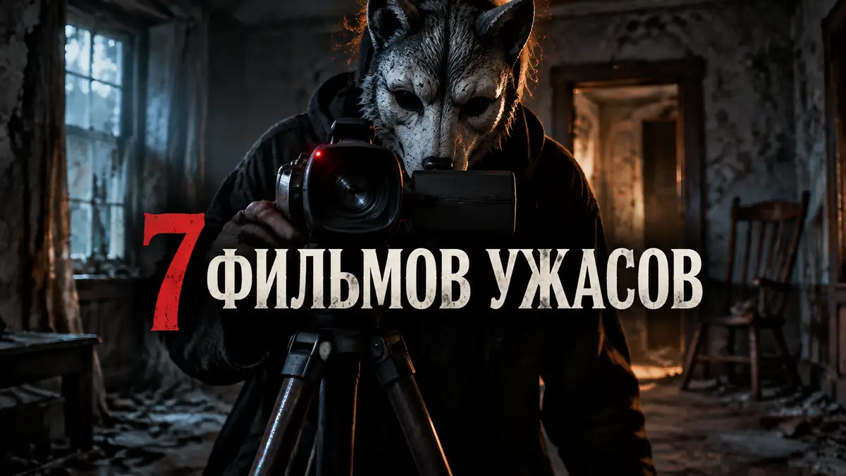 Постер подборки фильмов ужасов: тёмный силуэт в маске волка у старой видеокамеры в заброшенном доме