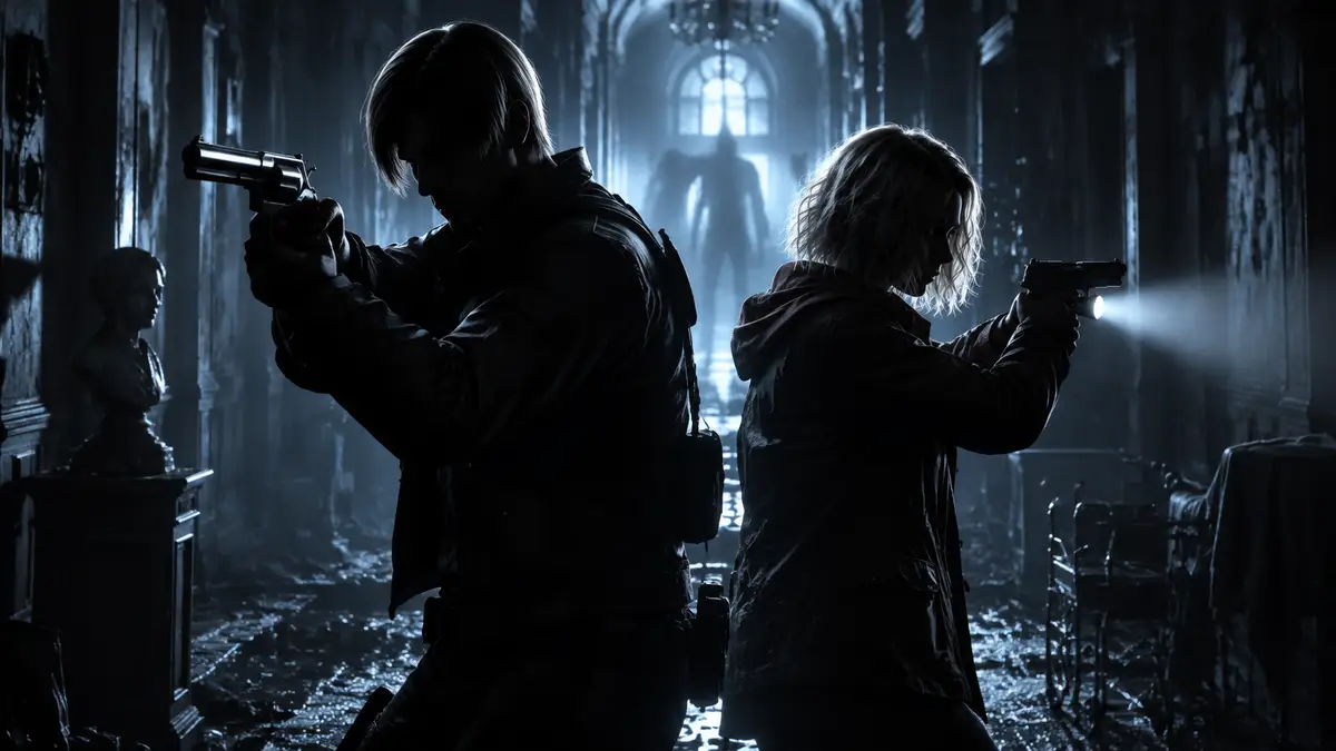 Все оружие Resident Evil Requiem: Леон Кеннеди с револьвером и Грейс Эшкрофт в мрачном коридоре