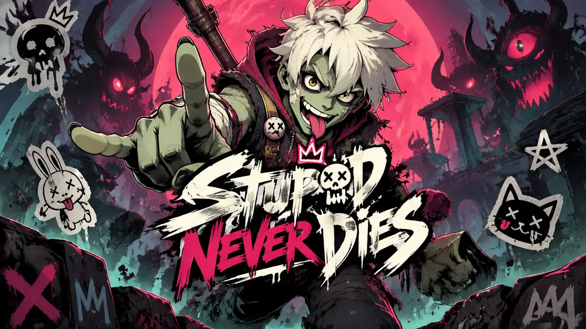 Зомби-панк Дэви из Stupid Never Dies на фоне демонов и стикеров в стиле рисованных каракулей панк-зина