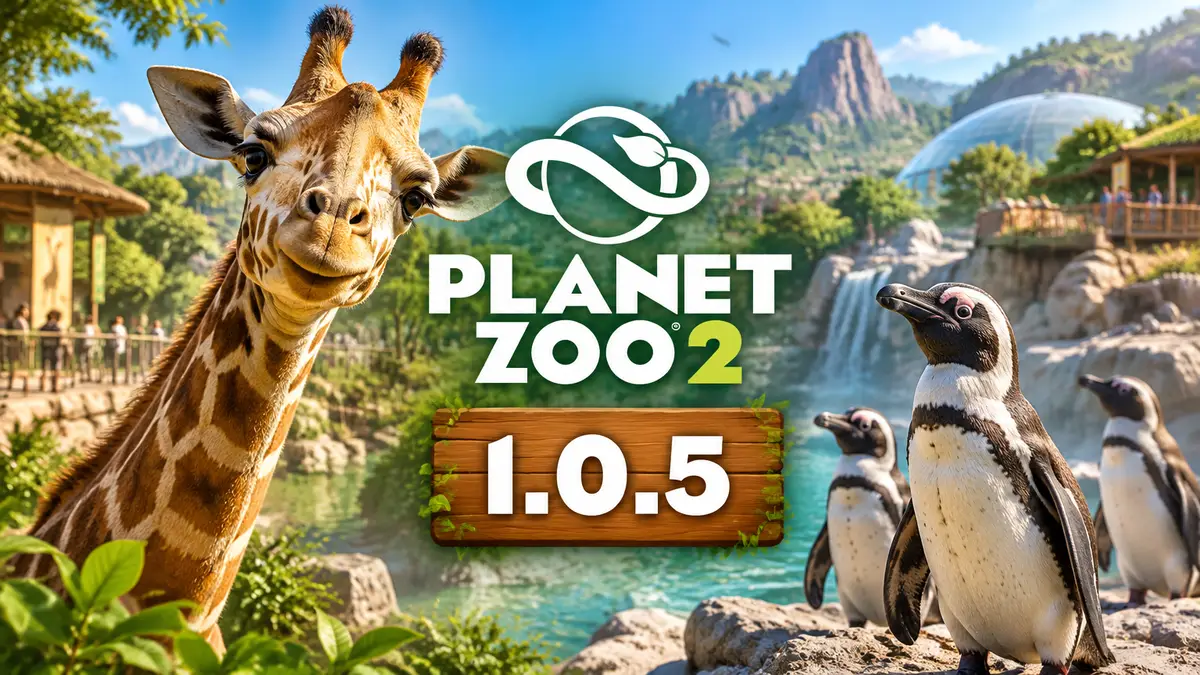 Planet Zoo 2: жираф и пингвины в ярком зоопарке на фоне логотипа игры, ключевой арт обновления 1.0.5