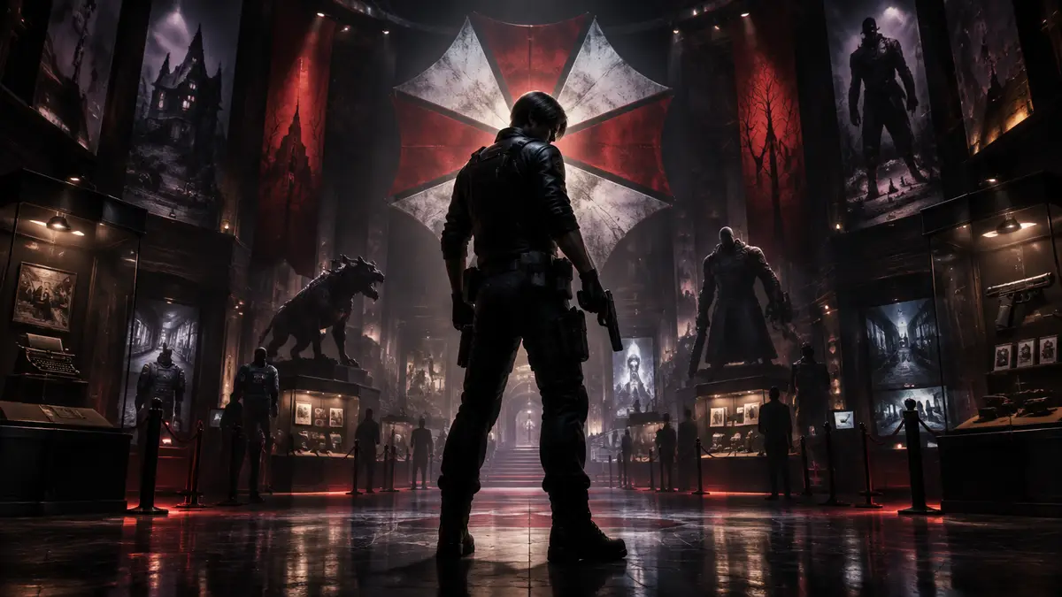 Леон С. Кеннеди в полный рост на фоне логотипа Resident Evil и мрачного зала юбилейной выставки