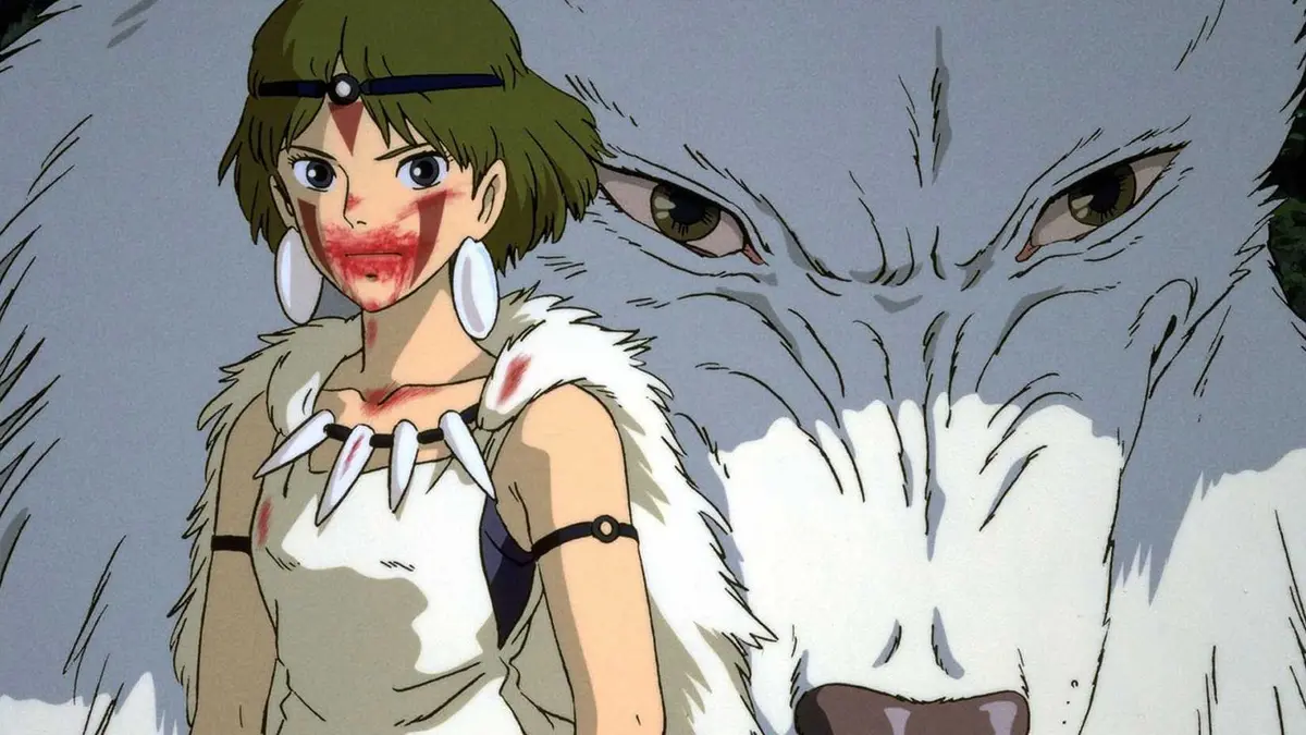 Princess Mononoke's main poster depicting San with blood covering her mouth next to the wolf Morrow.