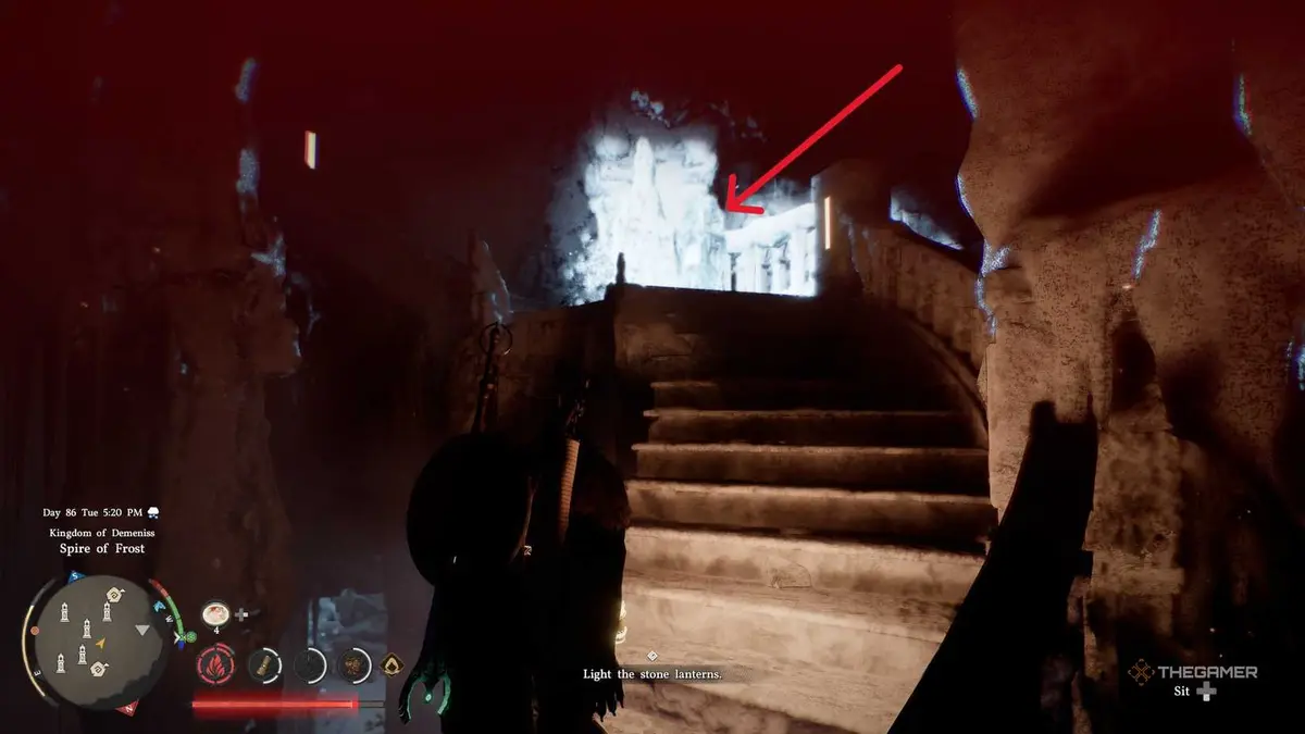 A player solving the Spire of Frost puzzle in Crimson Desert.