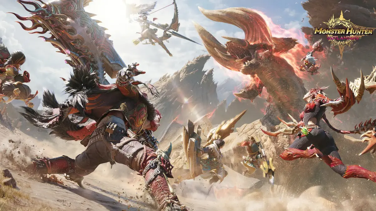 Artwork for Monster Hunter Outlanders, showing a group of hunters fighting a large, dragon-like monster.
