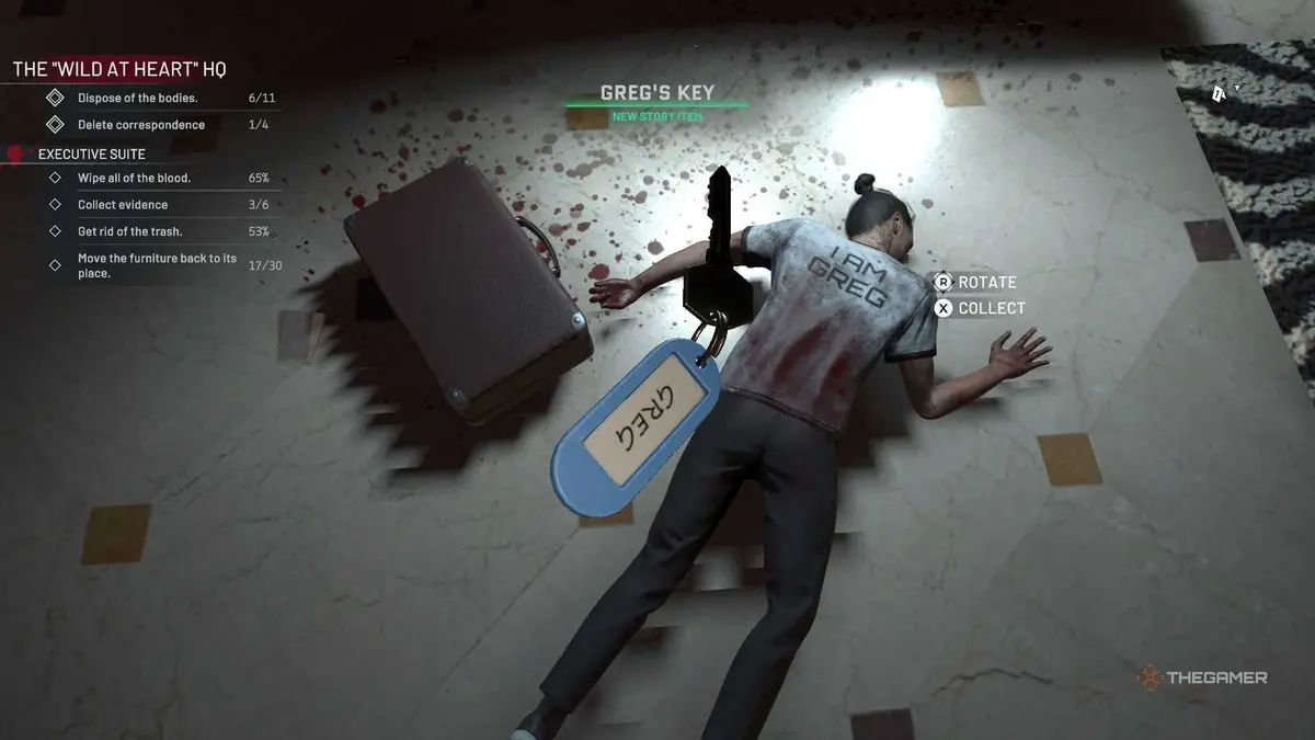 Crime Scene Cleaner Greg's body and key.