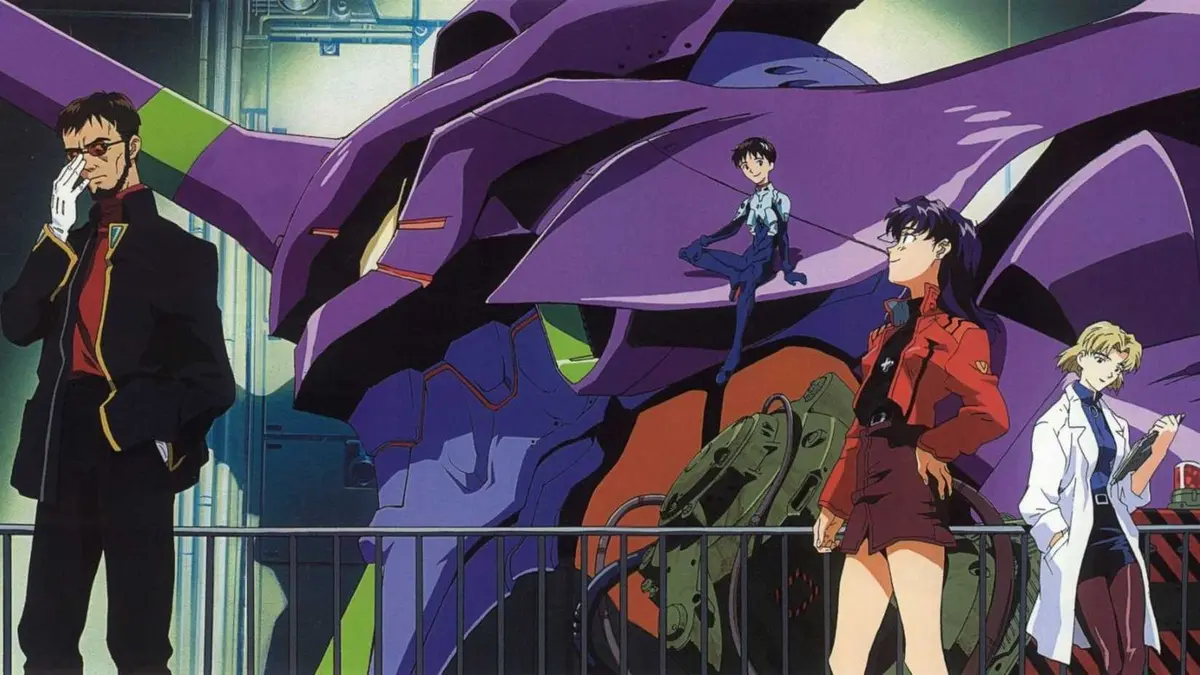 Neon Genesis Evangelion cast showing Gendo, Shinji, Misato, and Ritsuko