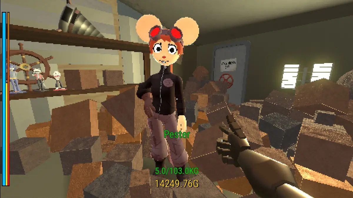 An anthropomorphic rat girl is stood amongst a pile of trash in Selkie's Salvage&amp;Co.