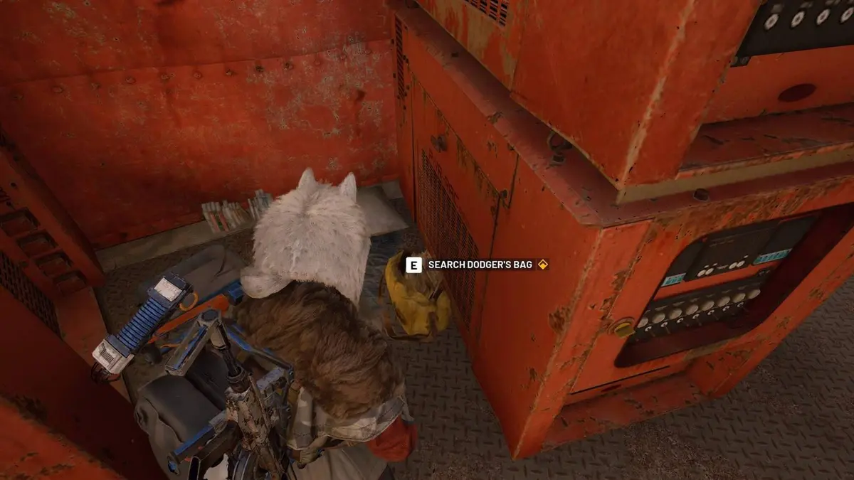 The player in Arc Raiders standing in front of the prompt to search Dodger's bag.