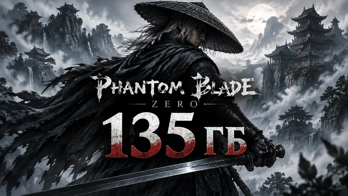 Воин в стиле уся с клинком на фоне туманных гор и храмов, логотип Phantom Blade Zero в стиле key art
