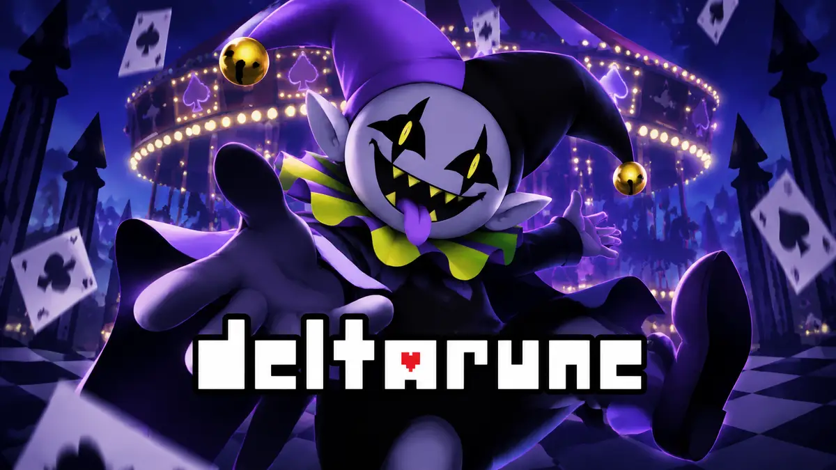 Джевил из Deltarune — бесёнок-шут в фиолетовом колпаке с бубенцами на фоне карусели и пик