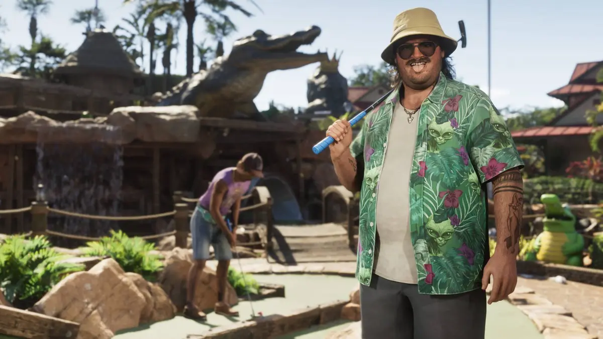 Cal Hampton in Grand Theft Auto 6 on a gold course, posing at the camera with his tongue out.