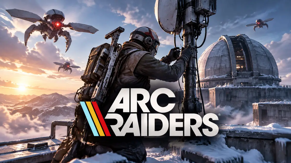 Рейдер Arc Raiders у антенны на заснеженной крыше обсерватории Cielo Sereno, над ним летают дроны Arc