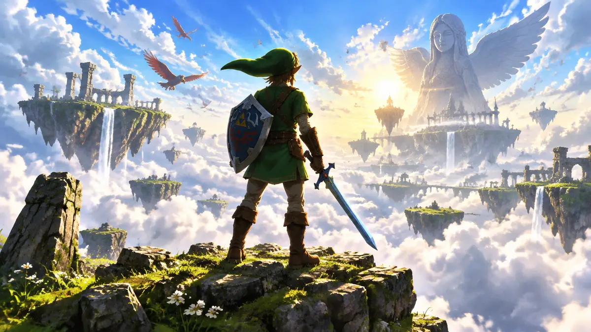 Линк с мечом в руке стоит на летающем острове над облаками, key art The Legend of Zelda: Skyward Sword HD