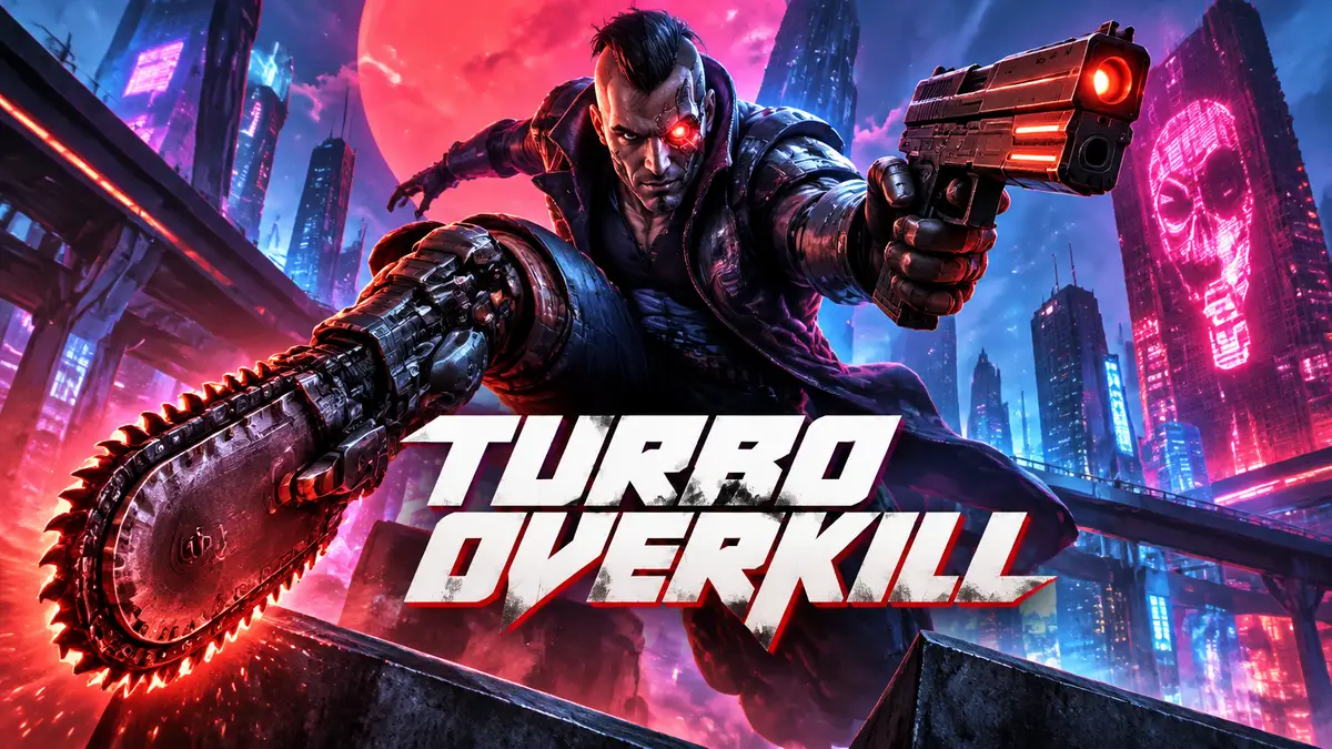 Киборг из Turbo Overkill с ногой-бензопилой на фоне неонового города, постер шутера FPS