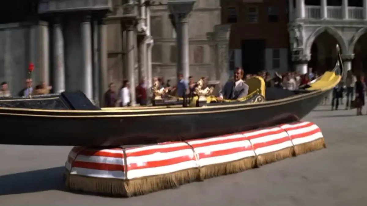 Roger Moore driving the gondola hovercraft in moonraker