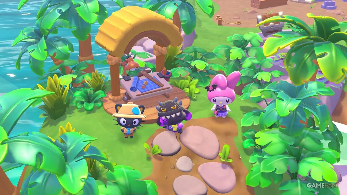 chococat player character and my melody in front of the hello kitty island adventure drafting table