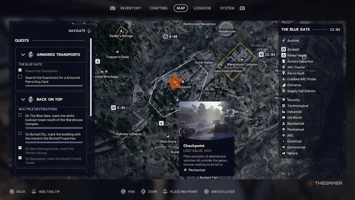 Close up of the map of central Blue Gate with an orange star edited onto the Guard Shack's location in Arc Raiders.