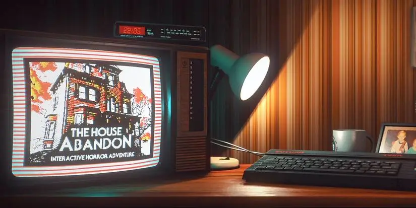 A desk as seen in Stories Untold, with a television, lamp, keyboard, and other items.