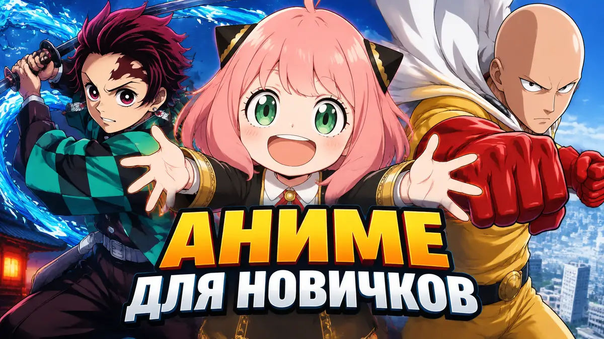 Аниме для новичков: Аня из «Семьи шпиона», Тандзиро и Сайтама на постере в ярком аниме-стиле