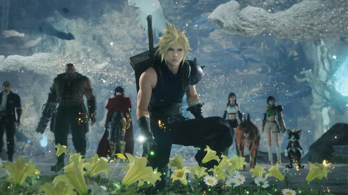Cloud kneeling in front of the rest of the party in Final Fantasy 7 Revelation.
