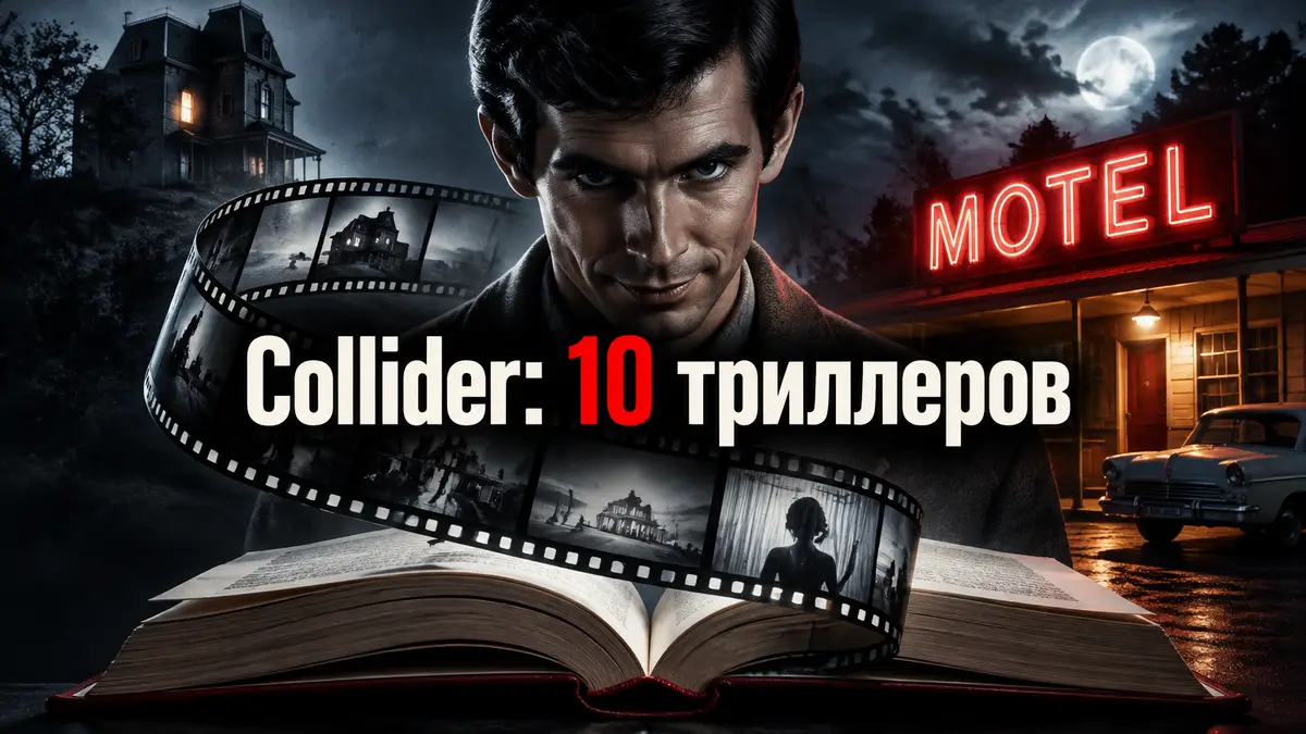 Нуар-постер триллера: Норман Бейтс у мотеля из «Психо» и раскрытая книга, из которой тянется кинолента
