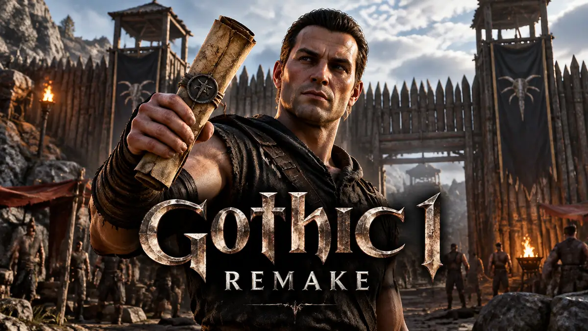 Безымянный герой Gothic 1 Remake держит свёрнутую карту колонии на фоне частокола Старого лагеря