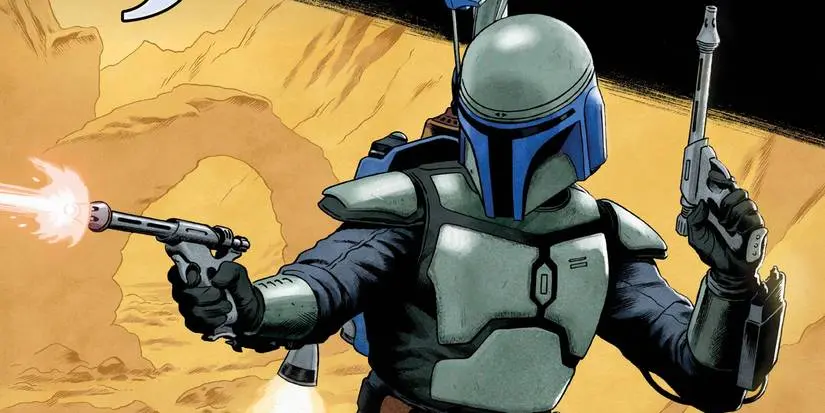Jango Fett shoots a blaster in a Star Wars comic