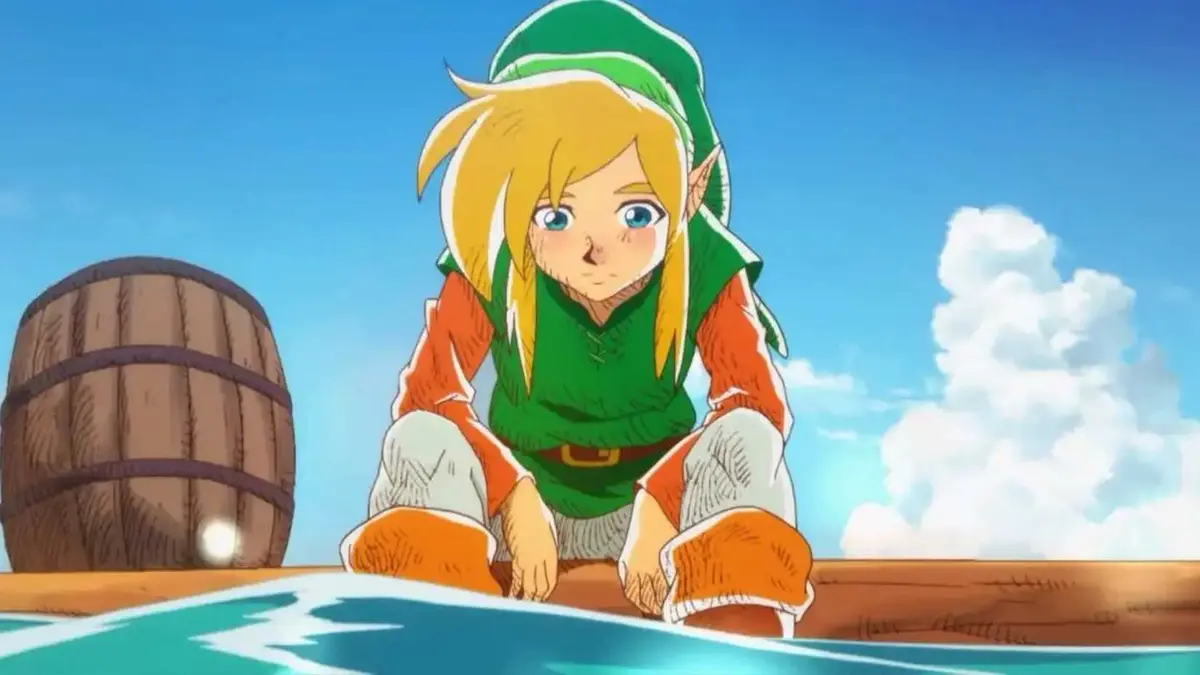 Link, looking sad as he stares down at the ocean, in an anime cutscene for The Legend of Zelda: Link’s Awakening on Switch