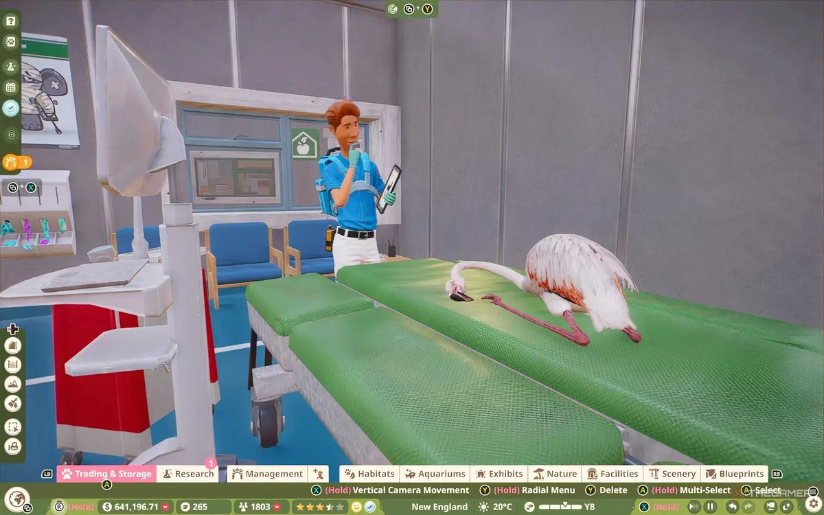 A vet treating a sick flamingo in Planet Zoo 2