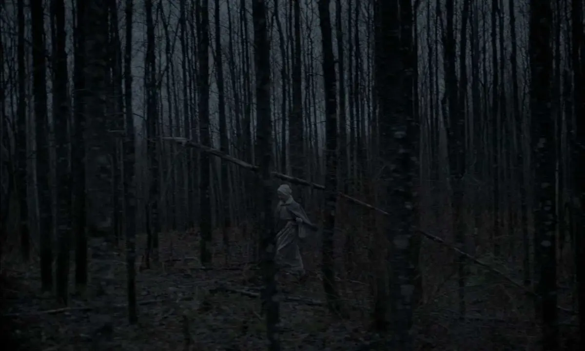 A wide shot of Thomasin (Anya Taylor-Joy) making her way through the dimly lit woods, partially obscured by the many tall, skinny trees, in a scene from The Witch