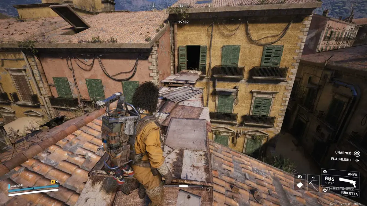 Player raider about to cross a makeshift bridge to an open window of a yellow house in Arc Raiders.