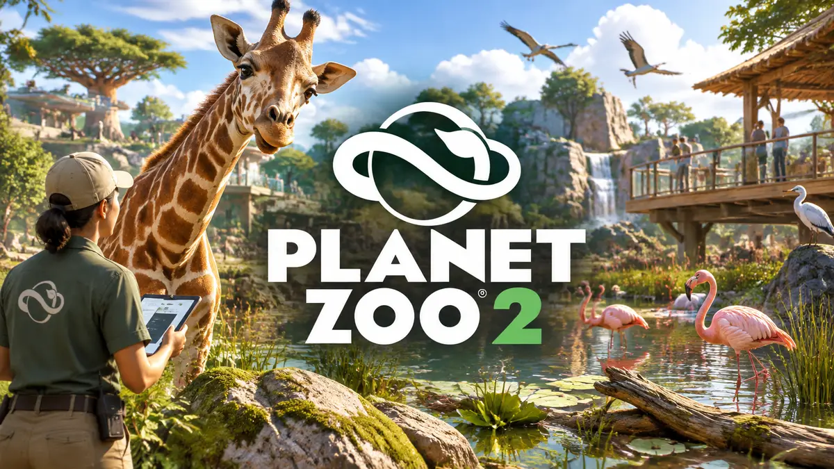 Яркий постер Planet Zoo 2: детальный вольер у болотистого пруда, жираф и птицы, мшистые камни и смотрители