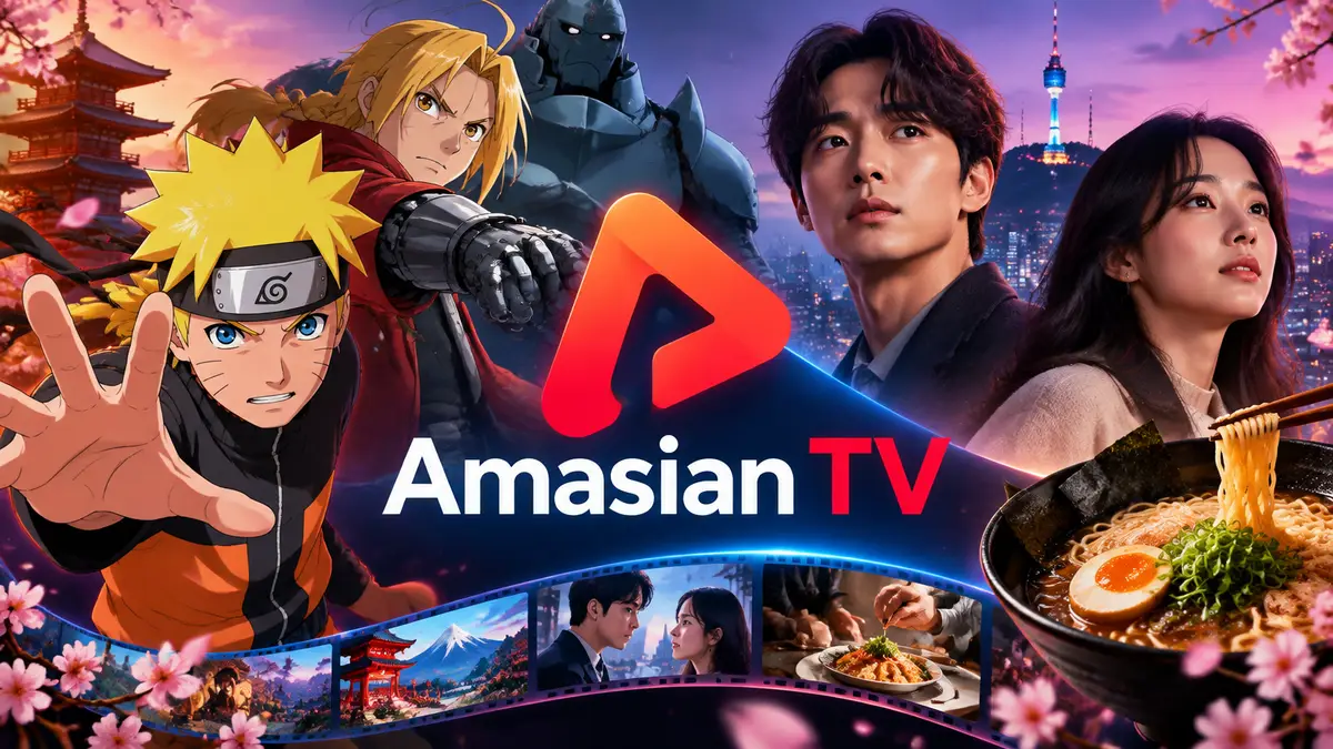 Логотип Amasian TV в центре на фоне аниме-героев, корейских актёров и японской еды, стиль постера
