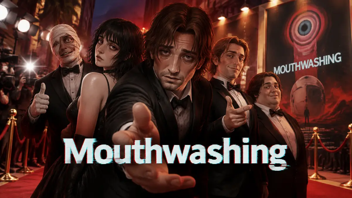 Персонажи Mouthwashing в нарядных костюмах на красной дорожке кинопремьеры, постер фильма Sony